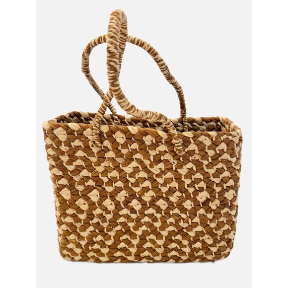 Brown & Tan Straw Woven Basket Handbag Tote - Picture 1 of 7